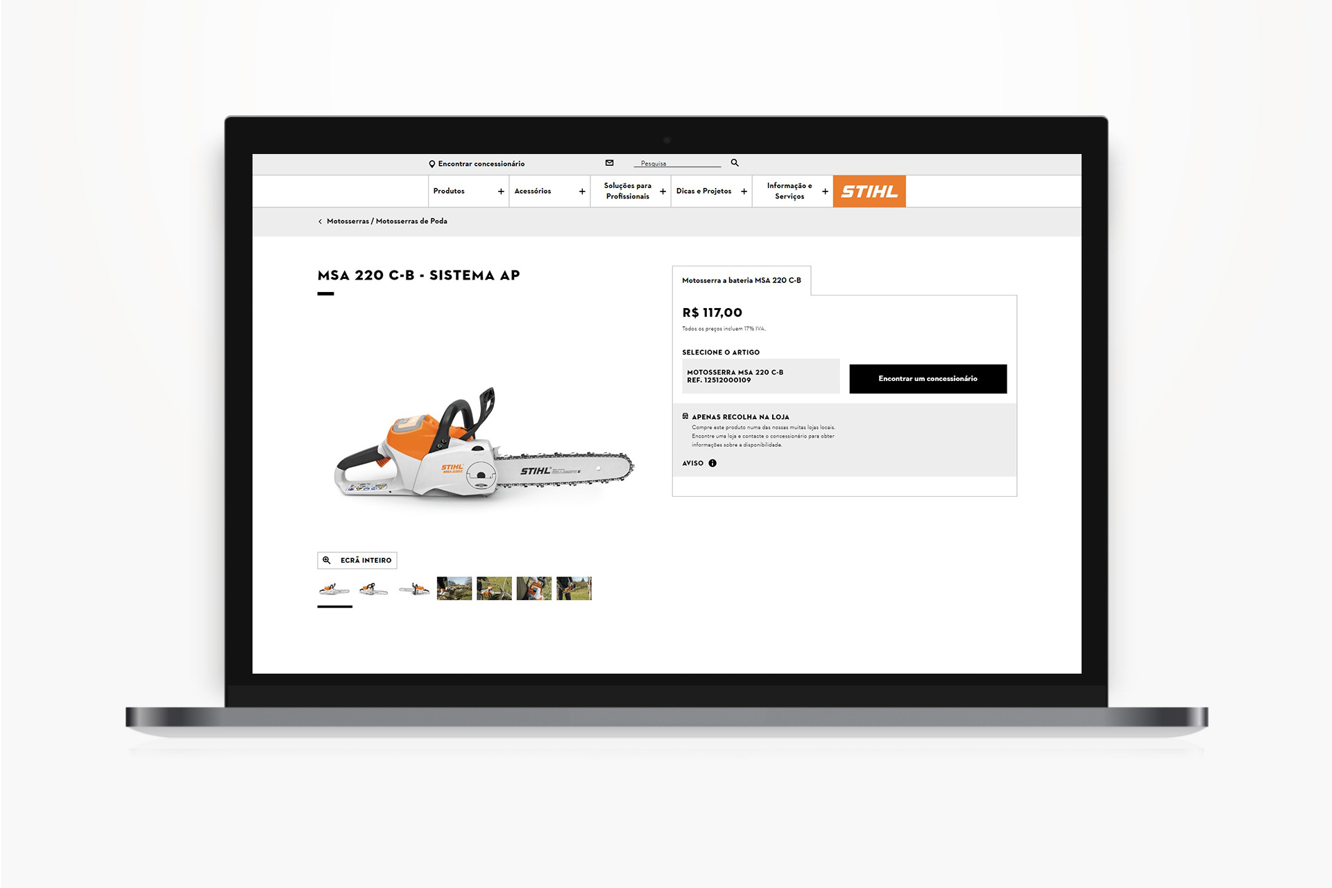 Laptop com página detalhada do produto da MS 170