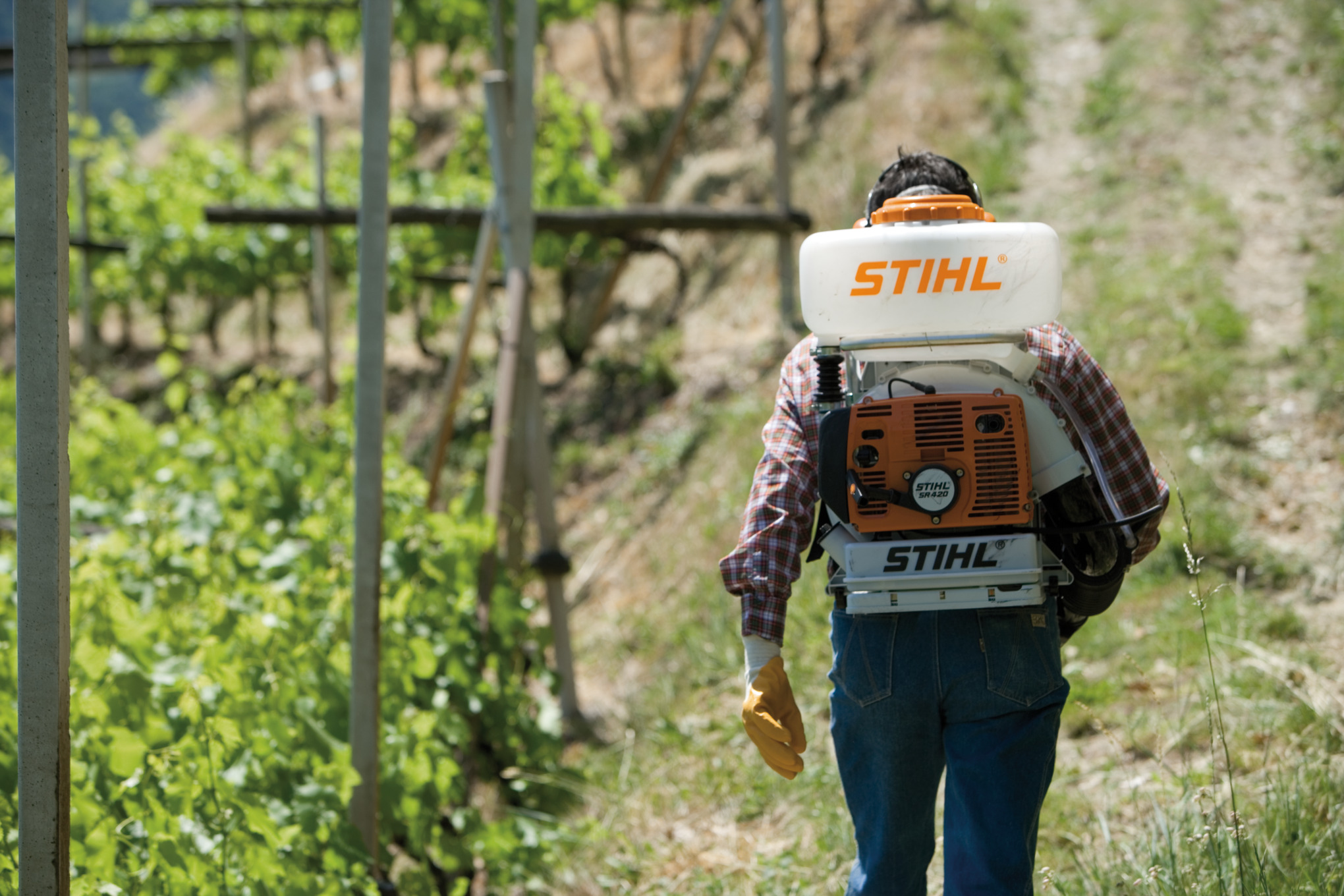 Homem com uma pulverizadora STIHL em uma plantação