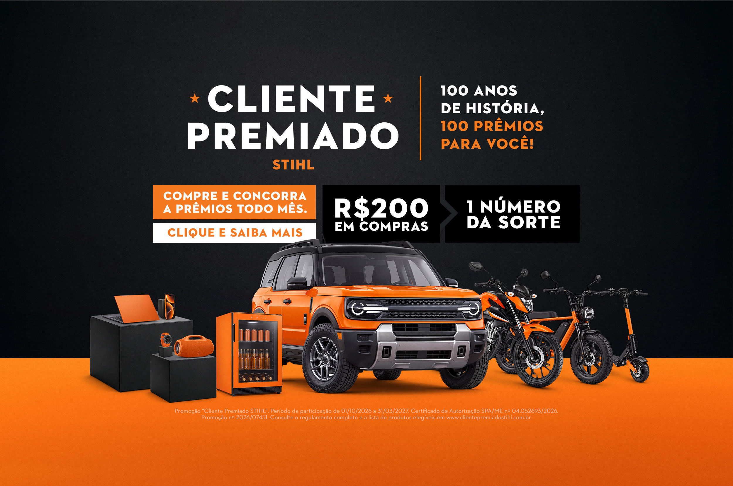 Imagem com carro e prêmios para sorteio da campanha Cliente Premiado STIHL