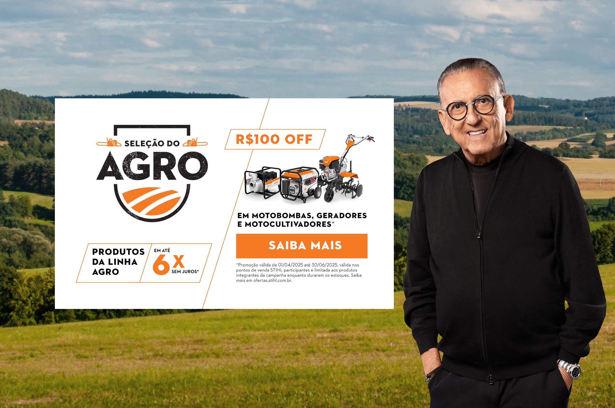 Imagem de homem no meio, com um fundo de fotos de roçadeiras e podadores. Texto diz "Show de Jardinagem STIHL, produtos campeões de qualidade em até 10x sem juros"